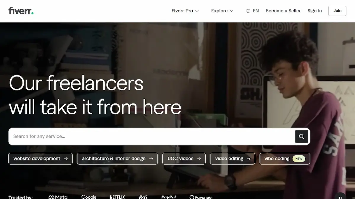 screenshot of fiverr freelance services marketplace landing page