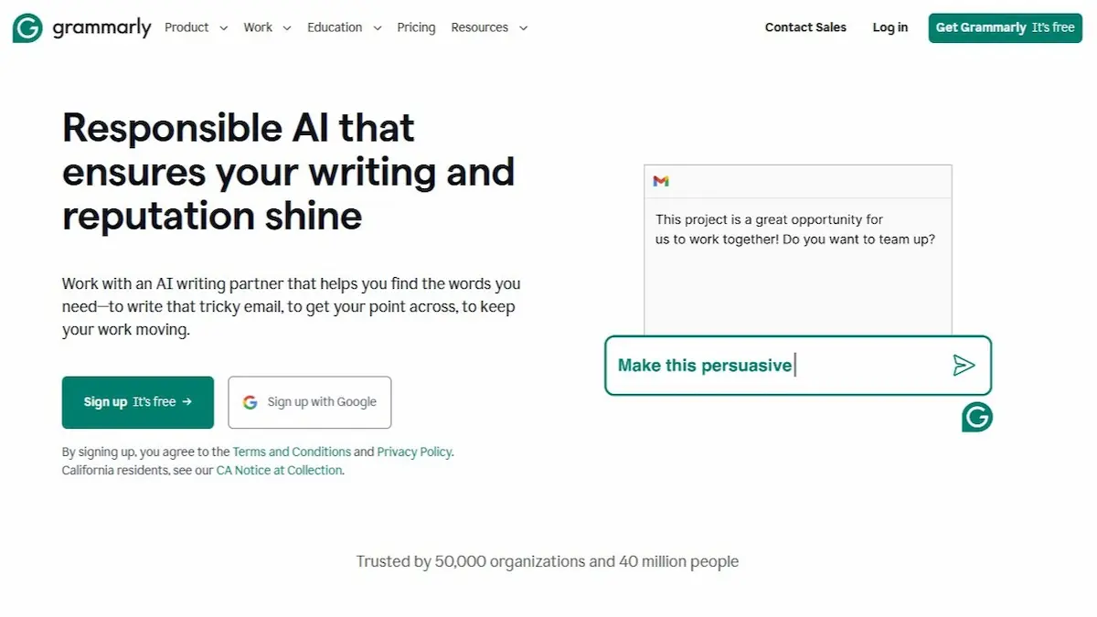 landing page of Grammarly an AI editing assistant