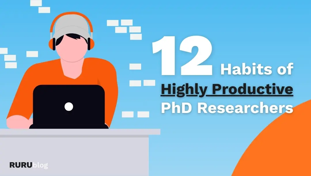 habits that boost phd productivity illustration of researcher working at laptop with headphones