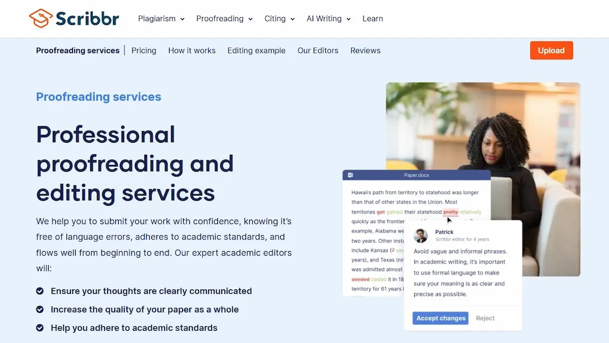 screenshot of scribbr editing service landing page